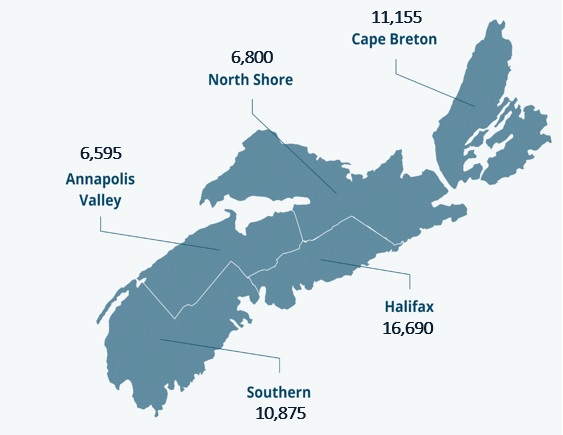 A map of Nova Scotia showing the Indigenous population by economic region. The chart data can be downloaded at the bottom of this page.